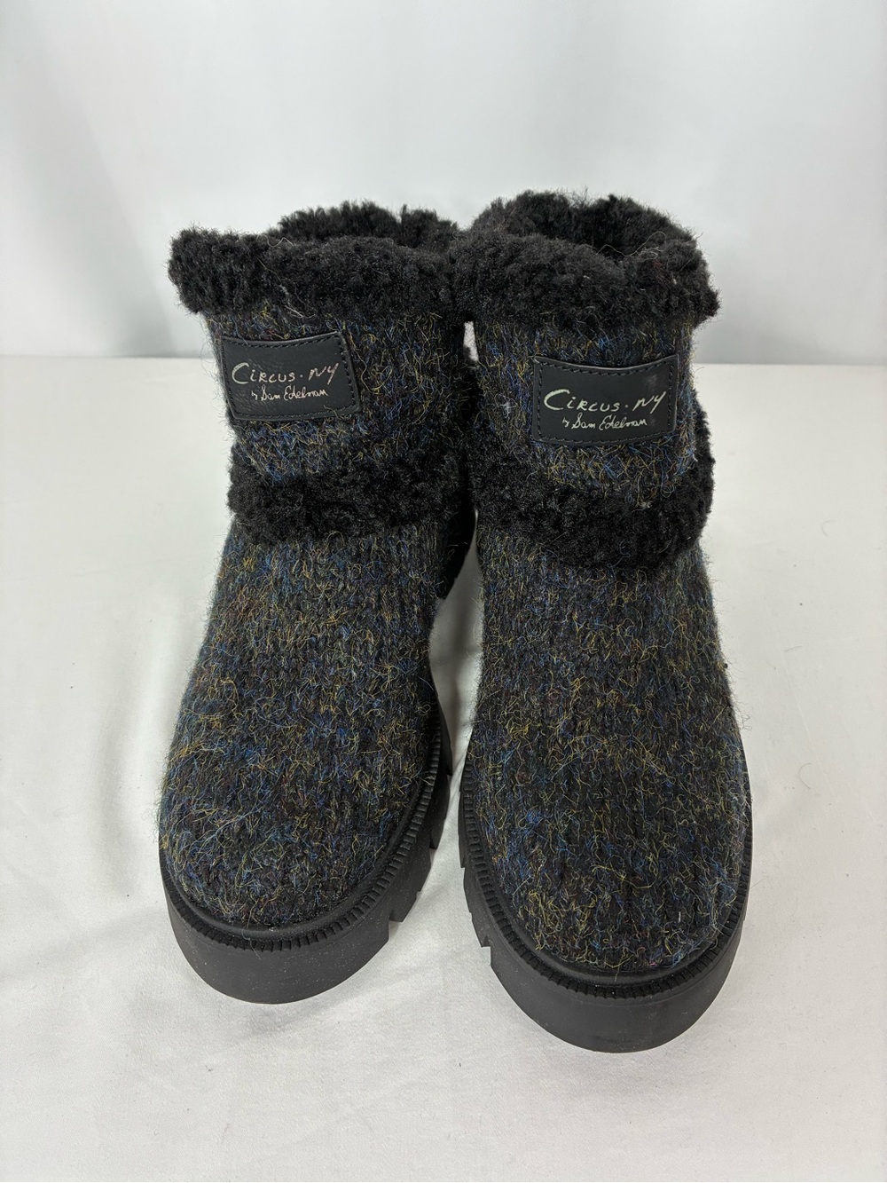 Circus NY by Sam Edelman Clare Black Multi Faux Shearling Lug Sole Boots 8.5